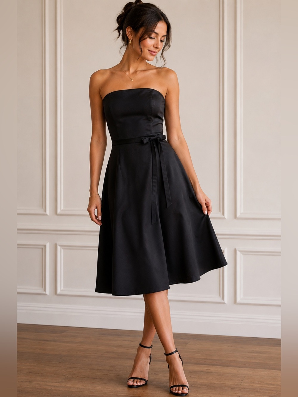 Elegant Strapless Black Midi Dress with Waist Tie Size XXS Cocktail Formal